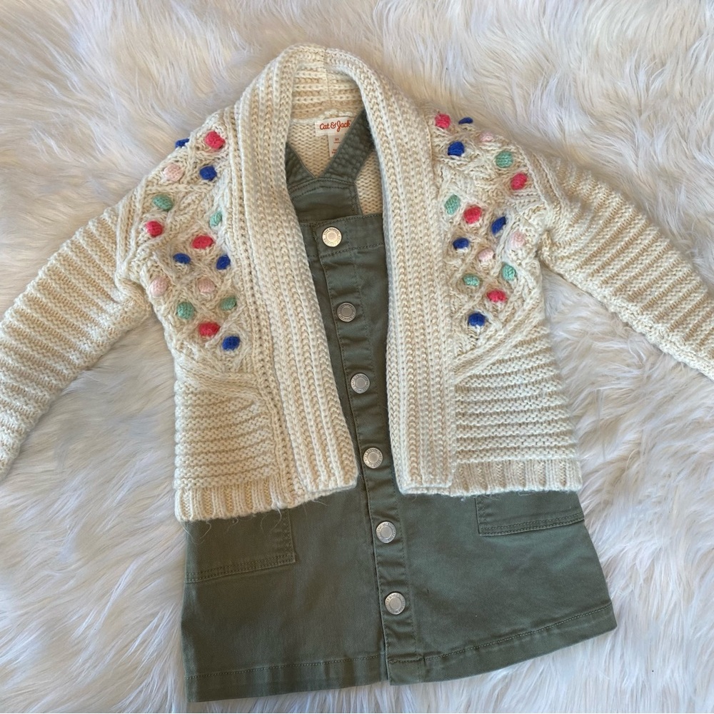 Girls size 2T Olive Green Overall Dress and Cat & Jack Knit Sweater